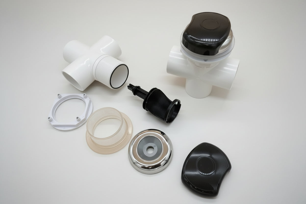 Light‑grey Balboa 50mm 3‑way spa diverter valve with stainless‑style cap, featuring three water‑flow ports and a top‑mounted turning handle.