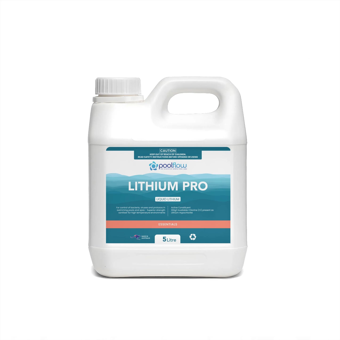 PoolFlow Lithium Pro Liquid Sanitiser container designed for swimming pools and spas, providing premium lithium-based water sanitisation, crystal-clear water, and simple liquid dosing