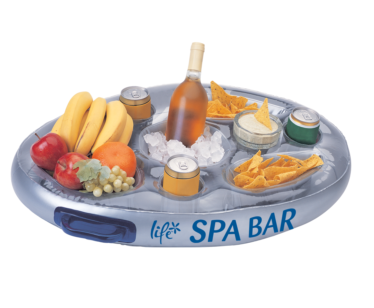 Life Inflatable Spa Bar floating drinks and snacks tray with multiple cup holders and storage compartments for hot tubs, spas, and swimming pools.