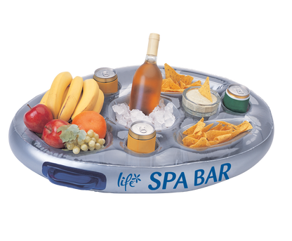 Life Inflatable Spa Bar floating drinks and snacks tray with multiple cup holders and storage compartments for hot tubs, spas, and swimming pools.