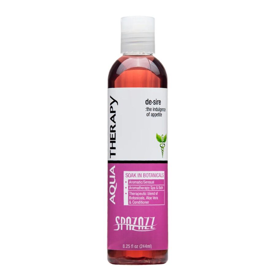 Bottle of Spazazz Aqua Therapy De-sire Elixir 245ml water-based aromatherapy fragrance for hot tubs, spas and baths enriched with botanical extracts, vitamins and minerals.