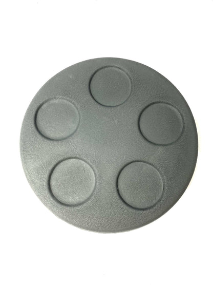 Round Charcoal spa lid esky with five integrated drink holders shown from top and underside views