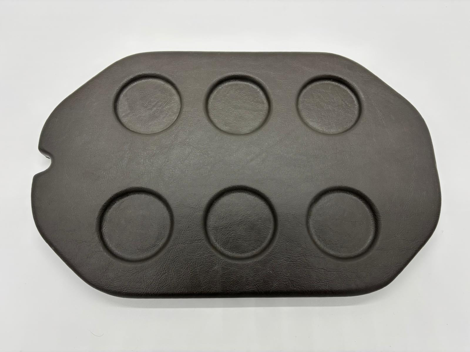 Oval Charcoal spa lid esky with five integrated drink holders shown from top and underside views