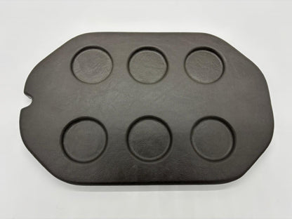 Oval Charcoal spa lid esky with five integrated drink holders shown from top and underside views