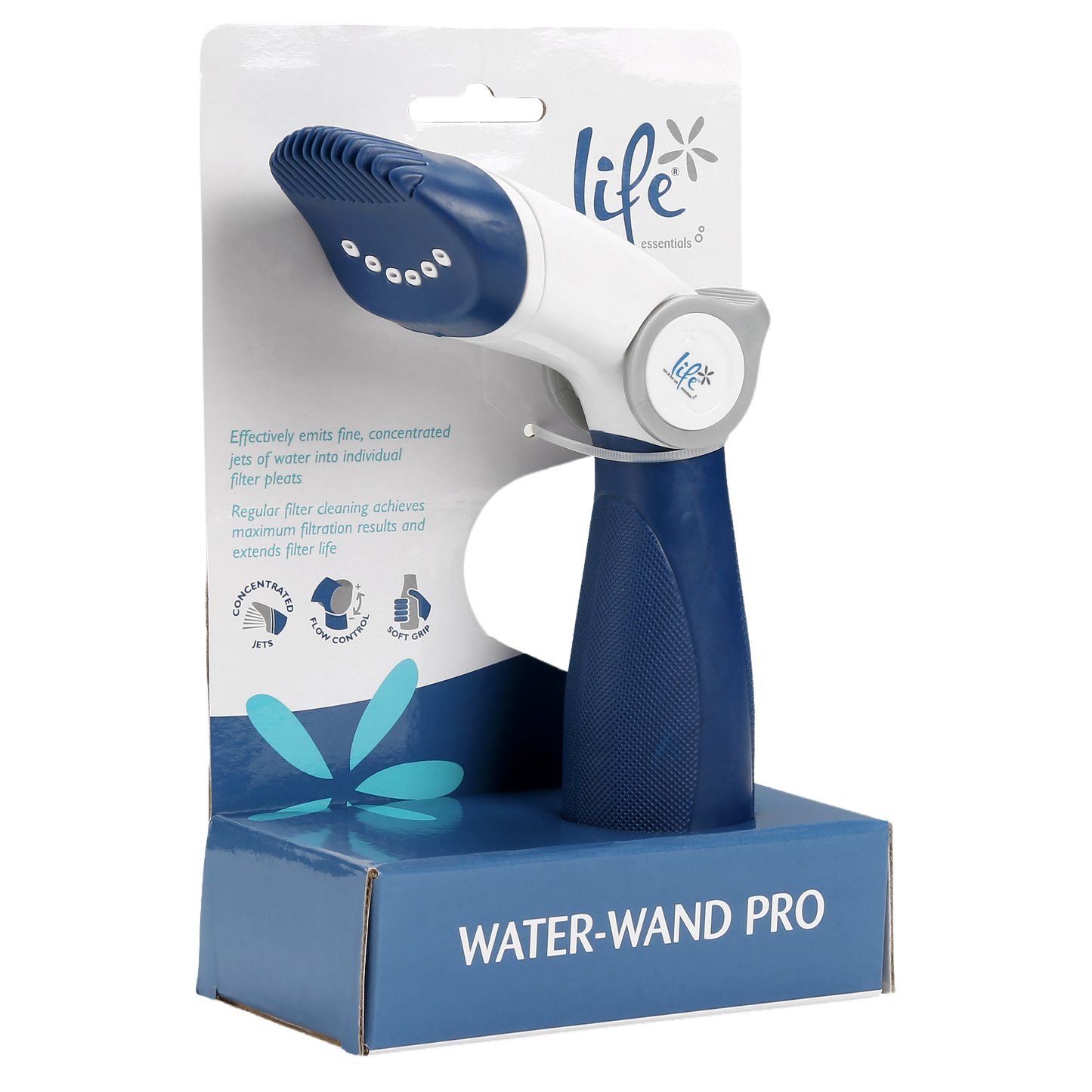 Life Water-Wand Pro filter cleaner attached to a garden hose for deep cleaning spa and pool cartridge filter pleats with high-pressure water jets