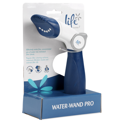 Life Water-Wand Pro filter cleaner attached to a garden hose for deep cleaning spa and pool cartridge filter pleats with high-pressure water jets