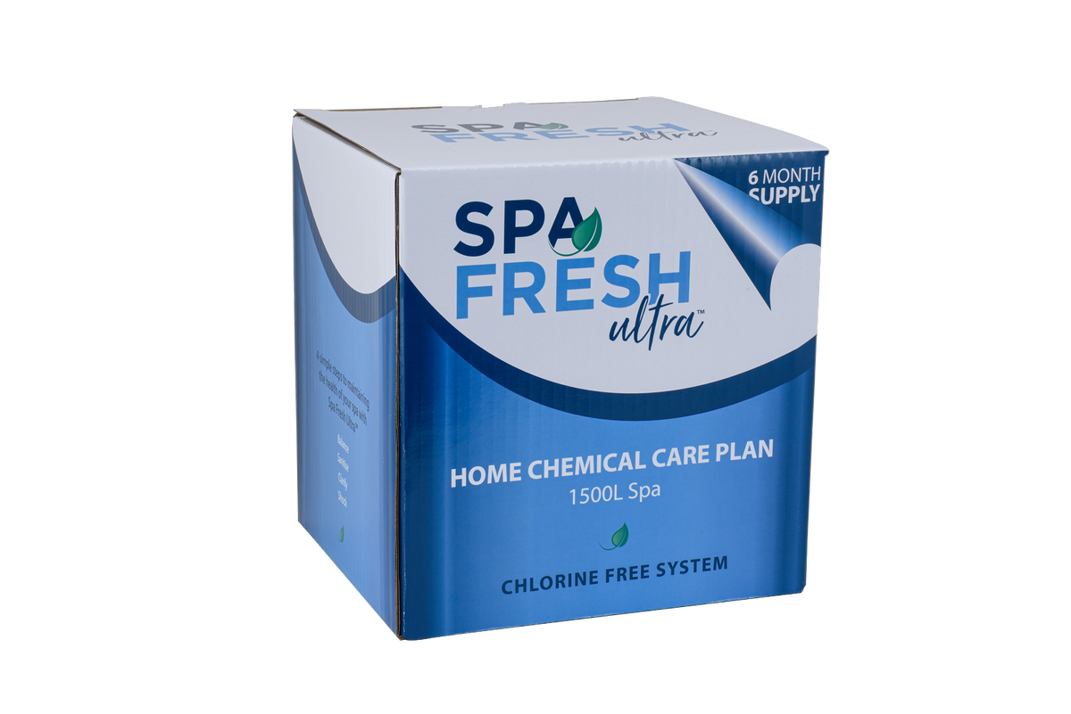SPA FRESH ULTRA KIT 1500L complete spa maintenance kit including 2.5L Sanitizer, 1kg Oxy Shock, 500mL Pipe Cleaner, 500ml Filter Cleaner, 500ml Clarifier, Chlorine Remover and 50 x 5-in-1 Spa Test Strips for spa water treatment and care.