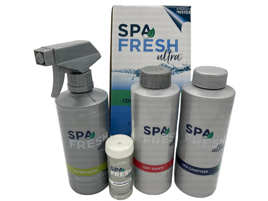 spa chemicals, chlorine free spa, spa fresh ultra, lochlor australia, spa sanitiser, oxy shock, chlorine remover, filter cleaner, spa maintenance kit, non chlorine spa system, spa water care, sensitive skin spa products, aquaspa system