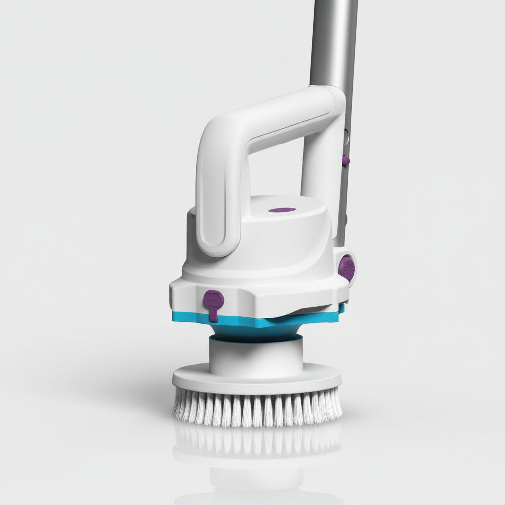 A white and purple handheld electric brush cleaner with multiple interchangeable brush heads, shown alongside a black USB charging cable on a clean white background.