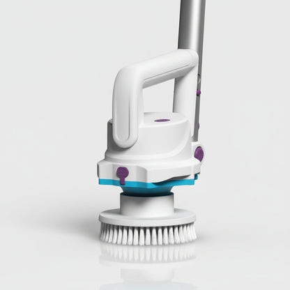 A white and purple handheld electric brush cleaner with multiple interchangeable brush heads, shown alongside a black USB charging cable on a clean white background.