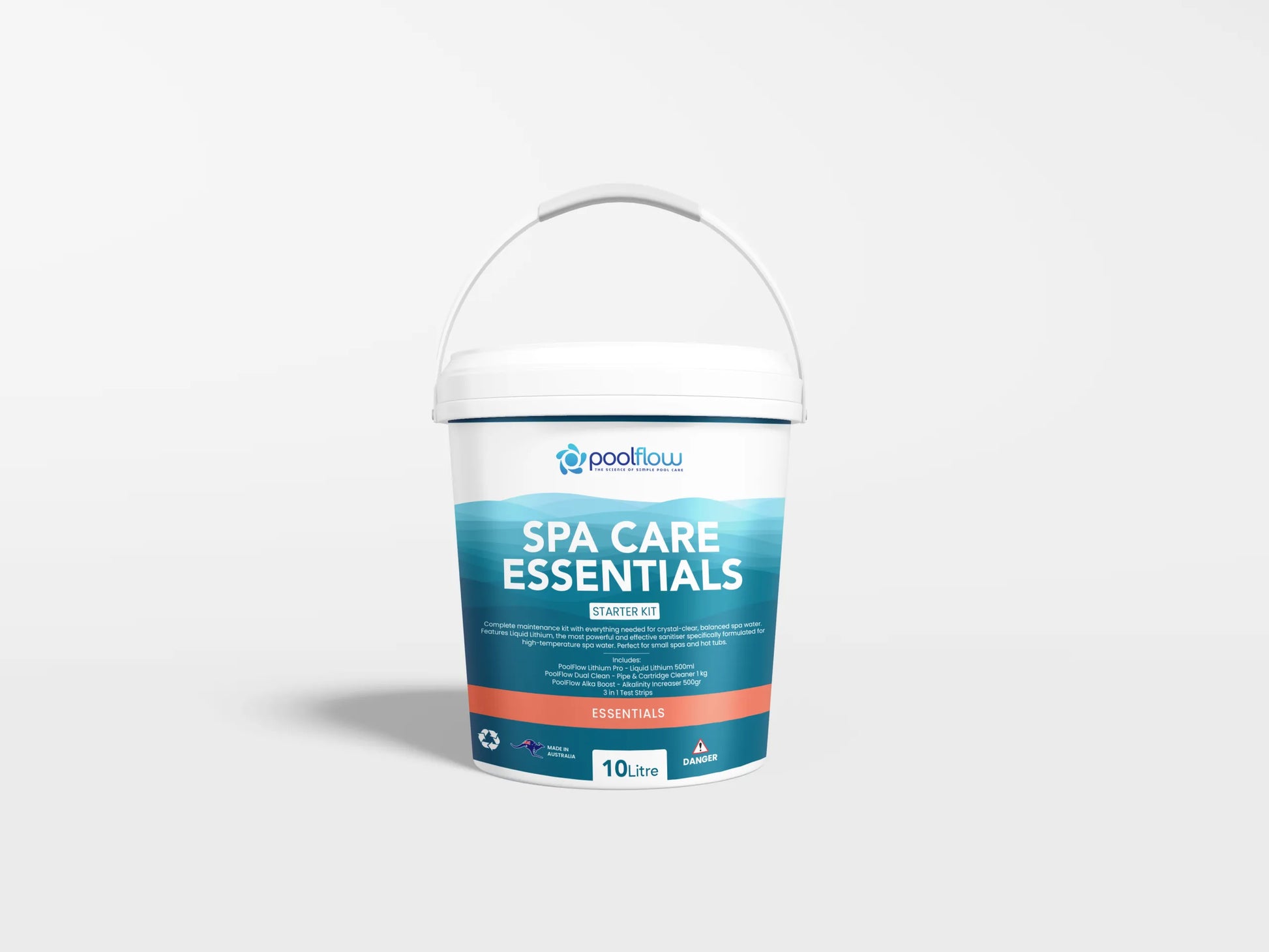 Poolflow Spa Starter Kit containing 1L Lithium Pro Liquid Lithium Sanitiser, 1kg Dual Clean Pipe and Cartridge Cleaner, 500g AlkaBoost Alkalinity Increaser and 50 3-in-1 Test Strips for portable spas up to 2000 litres.