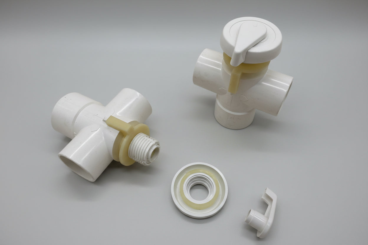 White 3‑way 40mm bathtub diverter valve with tear‑drop style top handle, featuring three connection ports for water flow control.
(Modeled from closest available product image showing a white 3‑way valve design.)