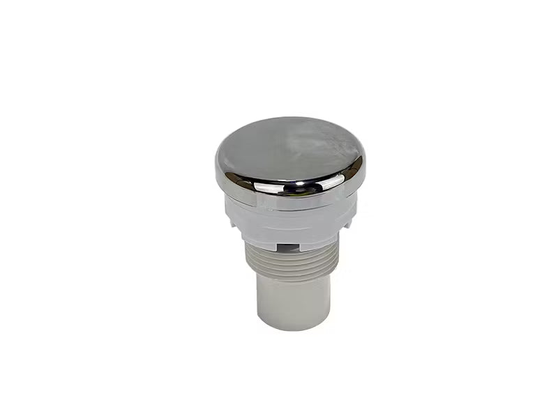 A chrome-finished metal push-button switch with a cylindrical threaded base, shown on a plain white background.